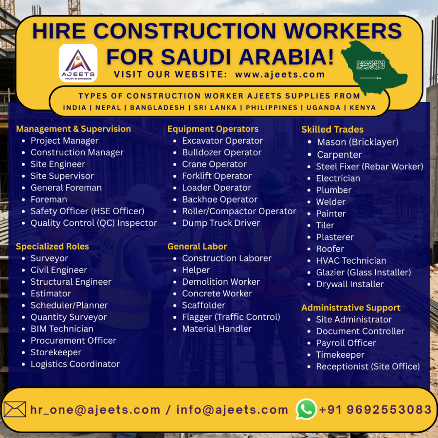 Supply Skilled Construction Workers for Saudi Arabia Projects